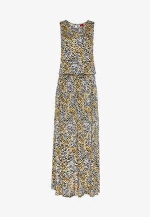 Sleeveless maxi dress with layered bodice, featuring abstract yellow, white, and black spotted pattern and keyhole button closure at back neckline.