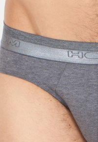 Graue Baumwollslips mit einem silbernen elastischen Bund, der das Logo "HOM" trägt. Der Stoff hat eine glatte Textur und eine enganliegende Passform.