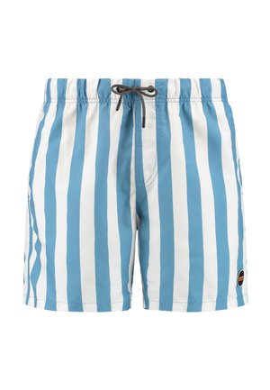 Blau-weiß gestreifte Badehose mit vertikalen Streifen, elastischem Bund, Kordelzug und einem kleinen Logo-Patch an der Seite.