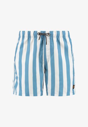 Blau-weiß gestreifte Badehose mit vertikalen Streifen, elastischem Bund, Kordelzug und einem kleinen Logo-Patch an der Seite.