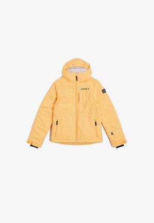 Keltainen eristetty takki hupulla, vetoketjulliset taskut ja musta logo rinnassa. Ominaisuuksiin kuuluvat joustavat hihansuut ja sileä pinta.