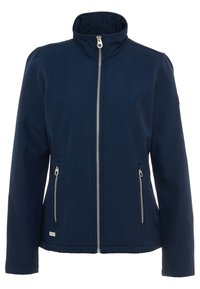 Veste bleu marine avec une fermeture éclair argentée sur toute la partie avant, deux poches latérales zippées et un col montant, présentée sur fond blanc.