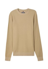 Maglione beige a coste con maniche lunghe, scollatura rotonda e un tessuto testurizzato. Presenta un orlo dritto e un logo discreto sull'etichetta.