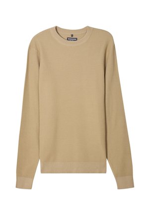 Beige geribde trui met lange mouwen, ronde hals en een gestructureerde stof. Heeft een rechte zoom en subtiele branding op het label.