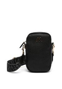 Czarna torebka typu crossbody z teksturowanej skóry z złotymi akcentami, zamknięciem na zamek i regulowanym wzorzystym paskiem. Posiada wyraźnie wytłoczone logo.