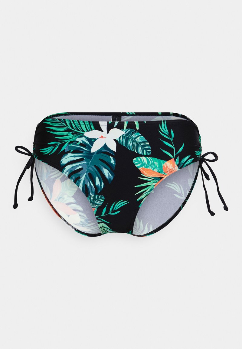 Parte de baixo de biquíni preta com estampa de folhas tropicais e flores, laterais com laço, textura suave e forro interno contrastante em tons de cinza.