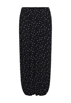 Schwarze, weit geschnittene Hosen mit weißen Polka-Dots und gesammelten elastischen Bündchen an den Knöcheln.