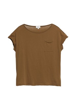 Brązowa koszulka z krótkim rękawem, okrągłym dekoltem i małą kieszonką na piersi, wykonana z miękkiego, lekkiego materiału.