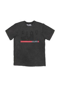 Black cotton t-shirt with short sleeves, featuring a graphic print of four figures and the word "KILLERS" in red and gray.