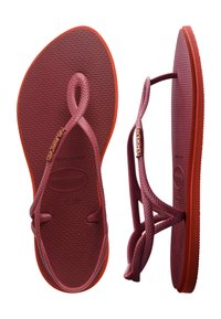 Κόκκινα και πορτοκαλί σανδάλια Havaianas με υφασμένους πάτους και πλεκτά λουριά, εμφανίζονται από πάνω και από πλάγια όψη, μέγεθος 37-38.