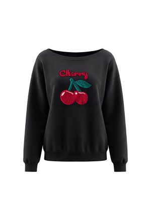 Sort langærmet sweater med bred halsudskæring med røde palietter af kirsebær og grønne blade med ordet "Cherry" i røde palietter ovenover.