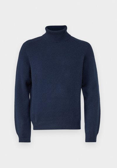 Sötétkék garbó pulóver puha kötött anyagból. Hosszú ujjakkal és bordázott mandzsettával, valamint aljjal rendelkezik. Egyszerű, klasszikus dizájn.
