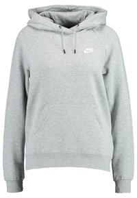 Šedá mikina vyrobená z kombinace bavlny, s přední kapsou typu klokanka, nastavitelnými šňůrkami a malým bílým logem na hrudi.