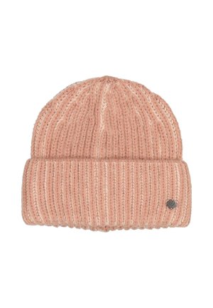 Pink knitted beanie with a ribbed texture, rolled cuff, and a small metal logo accent on the side. Soft, warm, and flexible design.