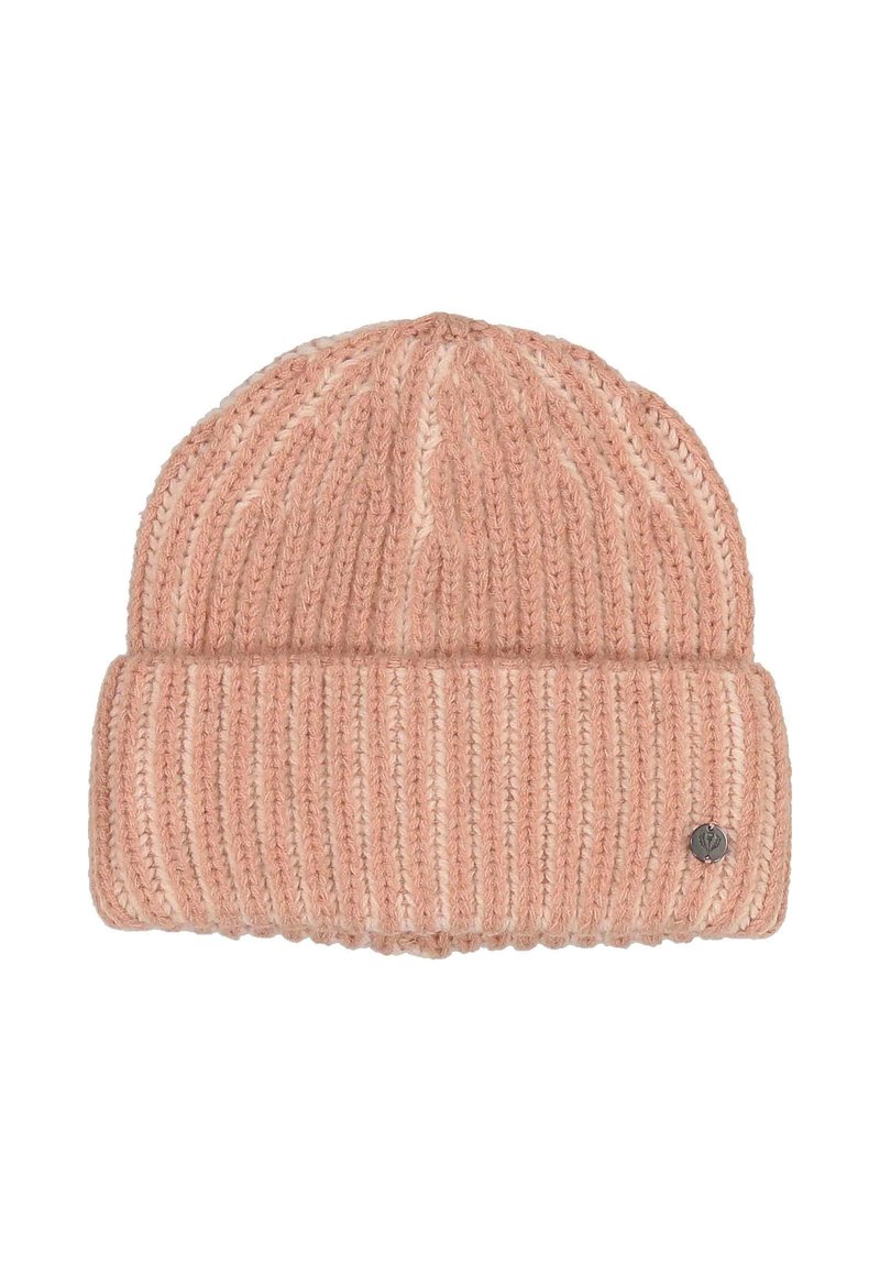 Rózsaszín kötött sapka bordás textúrával, felgöngyölt mandzsettával és egy kis fém logóval az oldalon. Puha, meleg és rugalmas kialakítás.