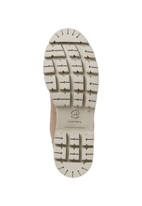 Suola di stivale marrone chiaro con battistrada profondo per una migliore trazione, dotata di una suola in gomma beige e pattern stampati. Logo del produttore visibile.