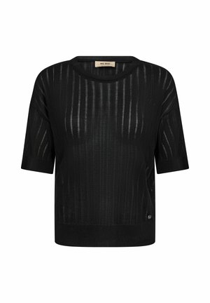 Top nero a maniche corte in maglia con motivo a costine verticali, scollo rotondo e una piccola targhetta metallica del marchio vicino all'orlo.