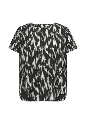 Blouse à manches courtes noire et blanche à motifs, avec encolure ronde et fermeture par boutons au dos.