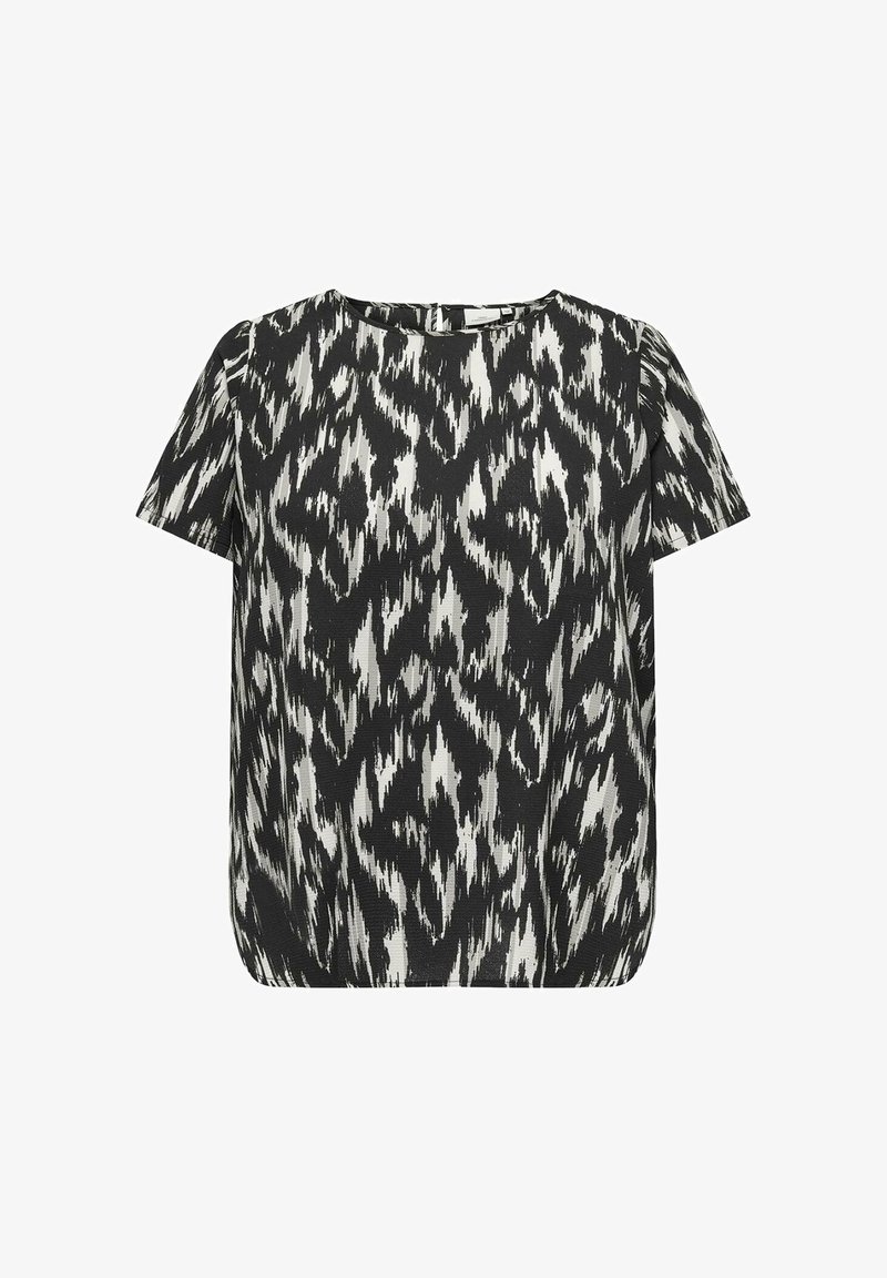 Blouse à manches courtes noire et blanche à motifs, avec encolure ronde et fermeture par boutons au dos.