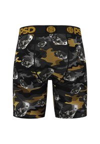 Boxer neri con motivo mimetico e grandi grafiche a rombi; caratterizzati da una fascia elastica dorata con il logo "PSD".