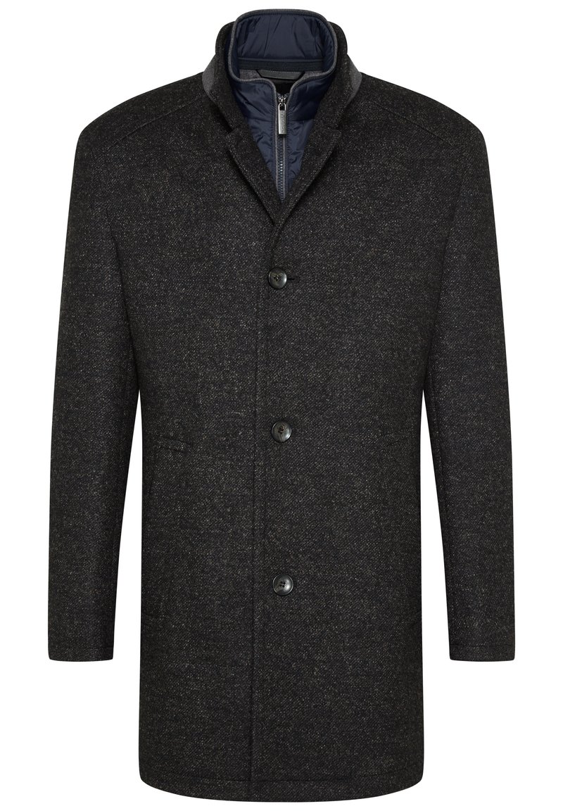 Manteau en laine gris foncé avec une finition texturée, doté d'un col montant, d'une fermeture à boutons et de poches latérales, conçu pour un ajustement sur mesure.