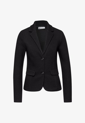 Veste texturée pour femme noire avec revers crantés, deux boutons et poches à rabat à l'avant, coupe ajustée.