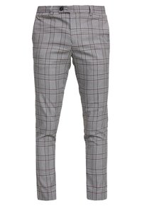 Szare spodnie w kratę z wzorem w checkerboard, wykonane z gładkiego materiału, z prostymi nogawkami i eleganckim pasem.