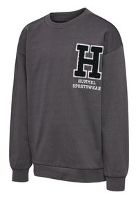Szara bluza dresowa wykonana z miękkiej bawełny, z prążkowanym okrągłym dekoltem, długimi rękawami oraz podniesionym czarnym logo "H" wraz z napisem "HUMMEL SPORTSWEAR".