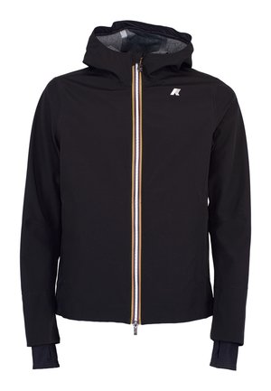 Giacca nera con cappuccio e chiusura frontale con zip, caratterizzata da strisce bianche, gialle e nere e un piccolo logo bianco sul petto sinistro.