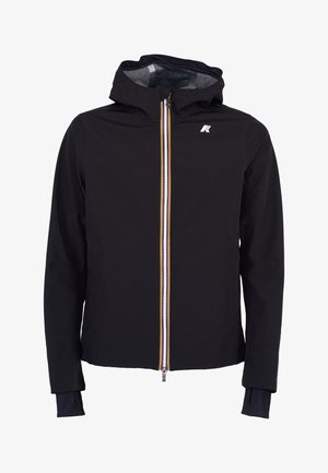 Giacca nera con cappuccio e chiusura frontale con zip, caratterizzata da strisce bianche, gialle e nere e un piccolo logo bianco sul petto sinistro.