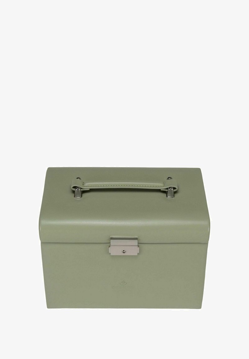 Boîte de rangement rectangulaire en cuir vert avec un fermoir en métal argenté, une poignée supérieure et une texture lisse. Design compact avec un style minimaliste.