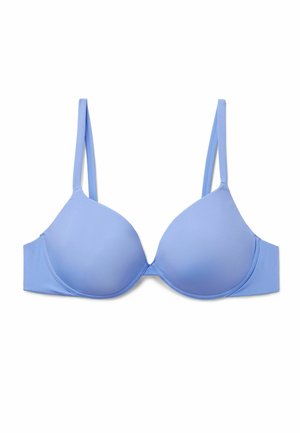 Lyseblå polstret bh med justerbare tynde stropper og bøjle på hvid baggrund.