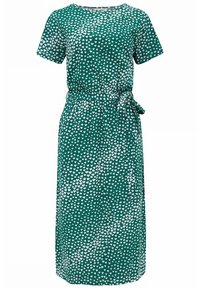 Green dress with short sleeves, featuring a white heart pattern, cinched waist with a tie belt, and knee-length hem.