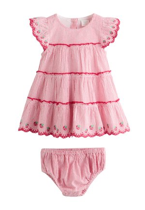 Rosa-weiß gestreiftes Babykleid mit Rüschenärmeln und Kirsch-Stickerei, kombiniert mit passenden gestreiften Höschen.