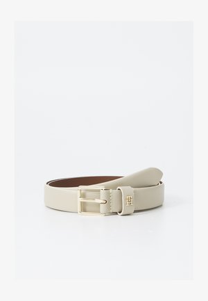 Beige leather belt with a smooth texture, gold metal buckle, and logo detail on the buckle and leather strap.