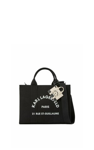 Black Karl Lagerfeld tote bag with handles, detachable shoulder strap, and front white text showing brand and Paris address.
