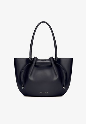 Black leather tote bag with two long handles, drawstring details on sides, and small metallic brand name "WITTCHEN" on front.