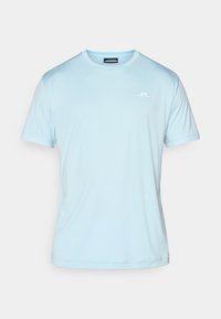 Light blue short-sleeve T-shirt made of soft fabric, featuring a crew neck and a small white logo on the upper left side.