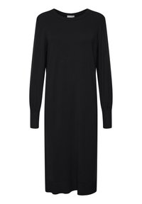 Långärmad svart klänning i ett mjukt tyg, med rund nacke, figursydda ärmslut och en rak silhuett med knä-lång fåll.