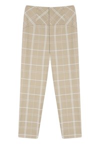 Pantalones de cuadros beige con diseño de cuadrícula blanca, corte recto, tejido texturizado, que cuentan con una cintura alta y costuras frontales duales.