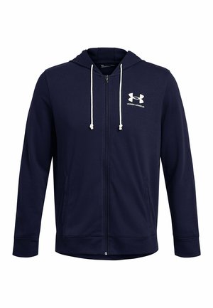 Navy zip-up hoodie made of soft fabric, featuring a drawstring hood, front pockets, and a white logo on the chest.