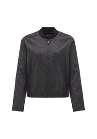 Veste bomber zippée gris foncé avec col côtelé noir, manches longues et texture subtile, présentée sur un fond blanc.