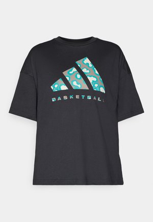 Czarny, oversize t-shirt z bawełny, z turkusowym abstrakcyjnym wzorem i słowem "BASKETBALL" w kontrastowym kolorze poniżej logo.