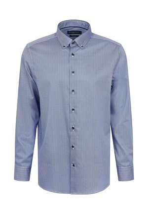 Blau gemustertes Hemd mit Button-down-Kragen, langen Ärmeln und dunklen Knöpfen; verfügt über eine feine geometrische Struktur. 