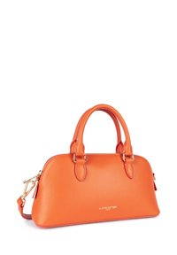 Borsa a mano arancione in pelle con due manici, forma arrotondata, superficie testurizzata visibile e hardware dorato con logo sul davanti.