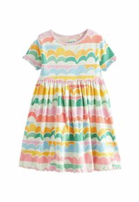 Robe à manches courtes en tissu côtelé présentant un motif en scallop multicolore dans les tons de rose, jaune, vert et bleu, avec une jupe froncé.