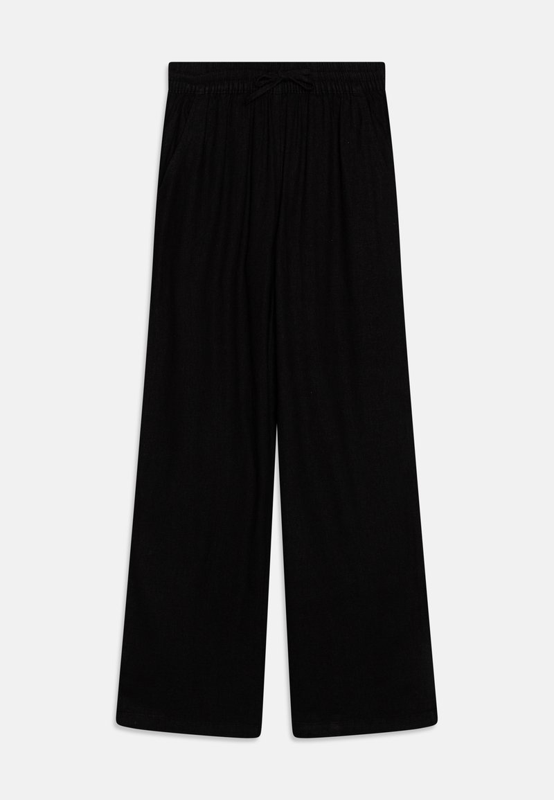 Pantaloni neri a gamba larga realizzati in tessuto morbido, con vita elastica e cordoncino. Silhouette dritta e senza motivi visibili.