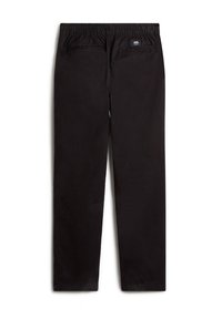 Pantalon noir à taille élastique avec jambes droites, deux poches passepoilées à l'arrière et une petite étiquette de la marque Vans au-dessus de la poche droite.