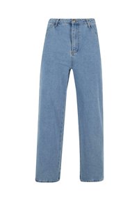 Lyseblå denimjeans med høj talje, lige ben og femlomme-design. Har lynlås og hardware i sølvfarve.