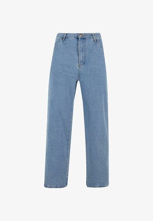 Lyseblå denimjeans med høj talje, lige ben og femlomme-design. Har lynlås og hardware i sølvfarve.